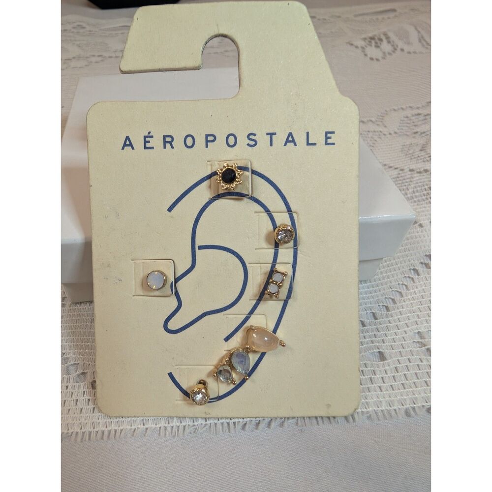 Aeropostale Gold Tone Faux Opal Crystal Multi Earring Stud Cuff Set